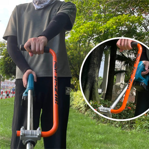 Person using Ergonomic Trimmer Grip With Extension Handle For Weed Wacker And String Trimmer, Easy Install Bracket Clamp Keeps You Standing Tall, Reduces Back Pain And Fatigue For Lawn Care And Landscaping, Orange And Black outdoors.