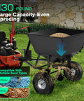 Beefy Built Tow Behind Broadcast Spreader for Lawn and Garden with 130 lb capacity, attached to tractor, spreading seeds