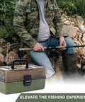 Three Layer Tackle Box With 475 Piece Lure Kit Included Crankbaits Weights Hooks And Accessories For Fishing Enthusiasts shown next to a fisherman in camo.