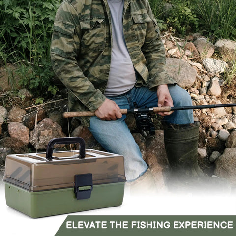 Three Layer Tackle Box With 475 Piece Lure Kit Included Crankbaits Weights Hooks And Accessories For Fishing Enthusiasts shown next to a fisherman in camo.