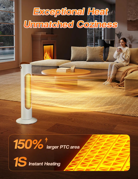 25 Inch Tower Space Heater And Fan Combo With 1500W Power For All Season Warmth in a cozy living room setup