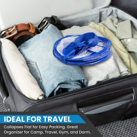 Foldable Shower Caddy Portable Organizer With Drainage Hole And Carry Handle Large Compartments Perfect For Camp Travel Gym And Dorm Use Blue Durable Collapsible Lightweight Travel Friendly Dope Organizer in suitcase