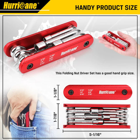 6 In 1 Folding Hex Nut Driver Set With SAE Sizes 3/16, 1/4, 5/16, 11/32, 3/8, 7/16 Inch Cr-V Steel Shank and pocket size