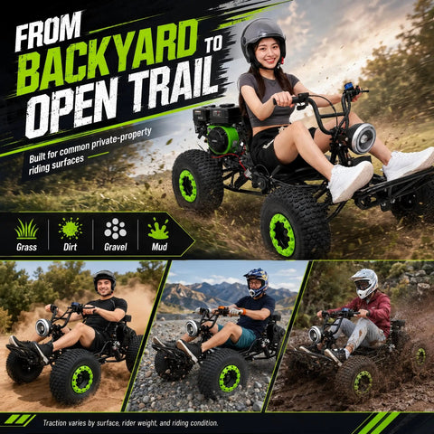 Super Slick 212cc Gas Powered Off-Road Go Kart For Teens And Adults That Hits 35 MPH With A Mighty 7.5 HP Engine on dirt trails.