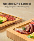 Heavy Duty 3 Piece Bamboo Cutting Board Set With Wooden Stand For Everyday Kitchen Tasks with deep juice grooves and meat plating.