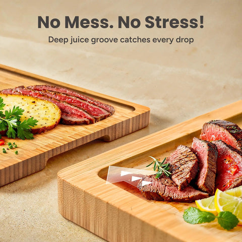 Heavy Duty 3 Piece Bamboo Cutting Board Set With Wooden Stand For Everyday Kitchen Tasks with deep juice grooves and meat plating.