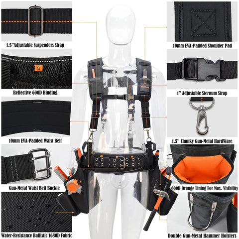 Carpenter Tool Belt With Suspenders 39 Pockets Padded 4 Inch Belt Kit, 10 In 1 Set With Hammer Holster detail view