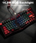 Slick Aluminum Mechanical Keyboard Boasting Ergonomic Split Alice Layout Hot Swappable Creamy Linear Switches Tri Mode Wireless And Gnarly Rgb Lighting For Flawless Typing Sessions In Dope Burgundy with RGB Backlight and red-black keycaps.