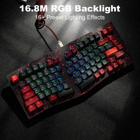 Slick Aluminum Mechanical Keyboard Boasting Ergonomic Split Alice Layout Hot Swappable Creamy Linear Switches Tri Mode Wireless And Gnarly Rgb Lighting For Flawless Typing Sessions In Dope Burgundy with RGB Backlight and red-black keycaps.