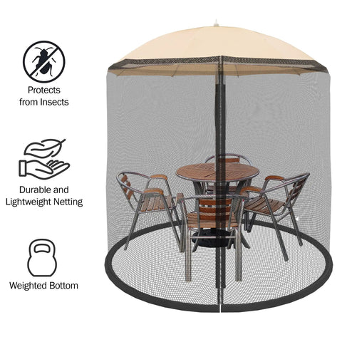 Patio Umbrella Mosquito Net With Zippered Mesh For 7.5 Foot Umbrellas, Bug Screen To Keep Out Insects, Weighted Bottom, Outdoor Dining Setup