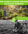 Woman using Semi Automatic Long Handled Garden Planter Tool For Seedlings And Bulbs beside traditional gardening