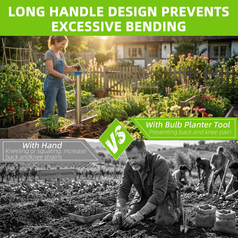 Woman using Semi Automatic Long Handled Garden Planter Tool For Seedlings And Bulbs beside traditional gardening
