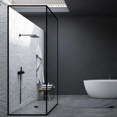 Modern shower with 2 Inch No Caulk PVC Shower Drain With Compression Gasket And 4 And A Quarter Inch Round Grid Cover Matte Black