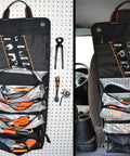 Roll Up Tool Organizer Bag For Mechanics, Electricians, And Bike Riders, 13 Pockets With 5 Large Zip Bags, 7 Wrench Pouches on pegboard