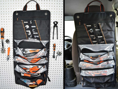 Roll Up Tool Organizer Bag For Mechanics, Electricians, And Bike Riders, 13 Pockets With 5 Large Zip Bags, 7 Wrench Pouches on pegboard