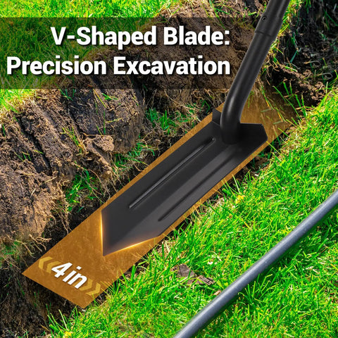 Narrow Trenching Spade With 56 Inch Long Handle, 4 Inch Wide V Shaped Blade For Precise Digging In Tight Spaces, Dig Pipes And Wires, Heavy Duty Trenching Tool For DIY Yard Work in action on grass