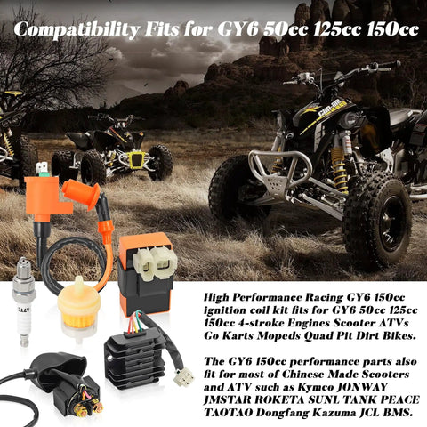 Beefed Up High Performance 6 Pin AC CDI Box Ignition Coil Kit with voltage regulator, relay, and spark plug set for scooters and ATVs