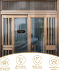 No Soliciting Sign For Front Door Self Adhesive Vinyl Modern Sign For Home House Business Apartments And Office Doors Black Gold Durable Easy Peel And Stick For Indoor Use on a glass door