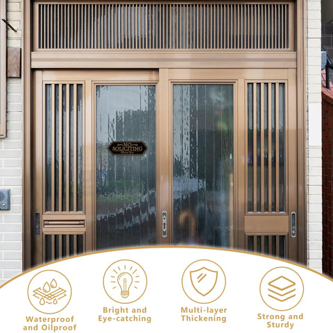 No Soliciting Sign For Front Door Self Adhesive Vinyl Modern Sign For Home House Business Apartments And Office Doors Black Gold Durable Easy Peel And Stick For Indoor Use on a glass door