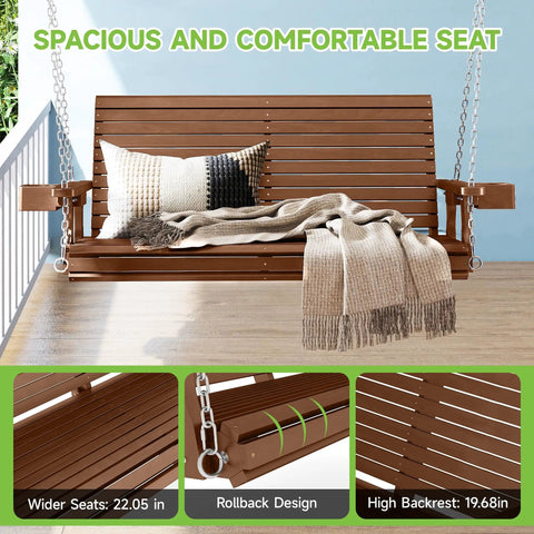 Two Seater Front Porch Swing With Cupholders Wooden Outdoor Swing Bench For Patio And Backyard Upgraded 22 Inch Deep Seat Heavy Duty 880 Lb Chains Teak Tone Finish Ergonomic Backrest