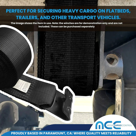 4 Inch By 30 Foot Heavy Duty Winch Straps With Flat Hooks Built To Haul Pack Of 10 Black Tie Downs For Flatbed Trucks Trailers Farm And Utility Use 5400 Lbs WLL 16200 Lbs Breaking Strength wrapped on machinery.