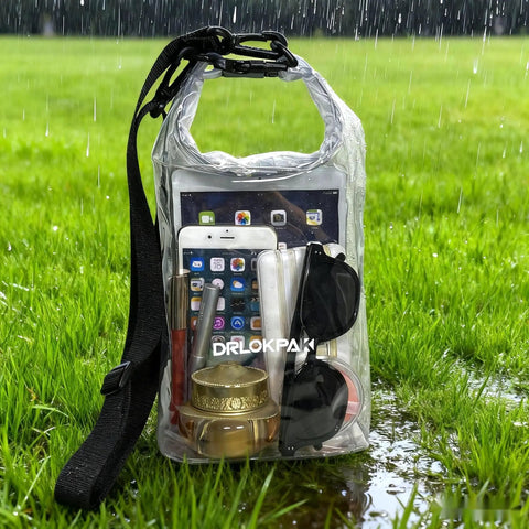 Clear Stadium Approved See Through Bag Pouch Water Resistant Crossbody Dry Bag displaying items inside, outdoors in rain.
