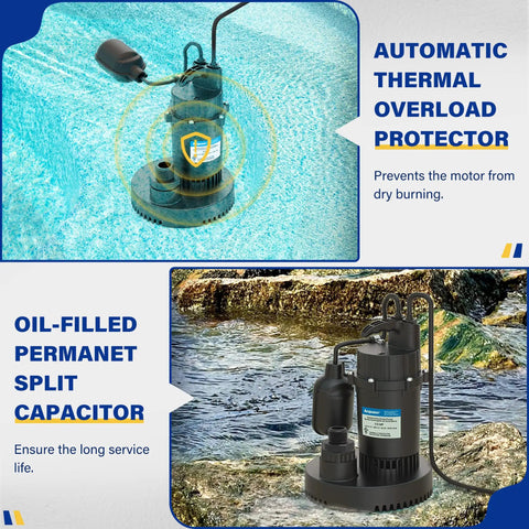 Beast Submersible Sump Pump For Clean And Dirty Water With Automatic Float Switch, 3040 GPH, showcased in water environment