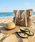Mesh Beach Bag With Dry Wet Separation, Sandproof Water Resistant Tote on sand with hat and sandals, ideal for beach days