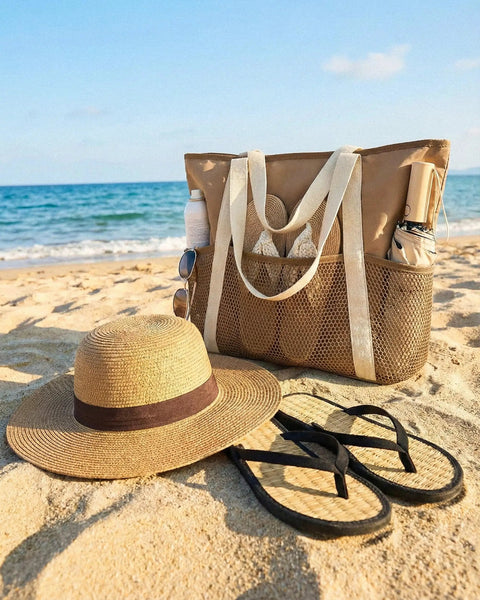 Mesh Beach Bag With Dry Wet Separation, Sandproof Water Resistant Tote on sand with hat and sandals, ideal for beach days