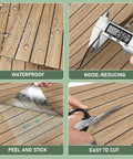 No Sweat Peel And Stick Faux Wood Slats Self Adhesive Wall Panels Light Oak Finish Waterproof Sound Dampening Foam Tiles showing waterproof features and easy cut instructions.