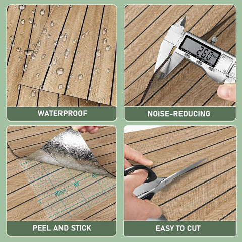 No Sweat Peel And Stick Faux Wood Slats Self Adhesive Wall Panels Light Oak Finish Waterproof Sound Dampening Foam Tiles showing waterproof features and easy cut instructions.