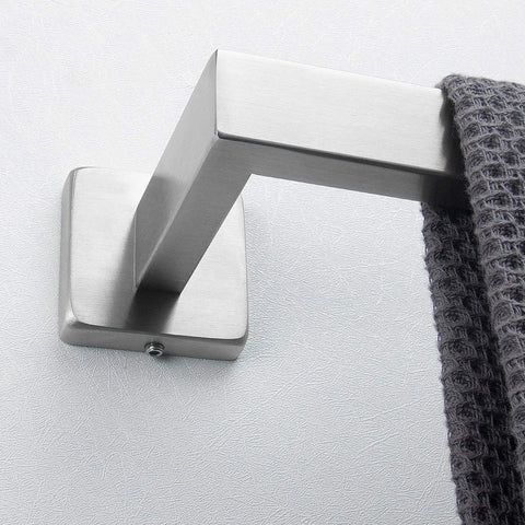 Rust Proof Stainless Steel Towel Bar 24 Inch Wall Mounted In Brushed Nickel For Bathroom And Kitchen Premium Quality Towel Rack With Durable Square Design Never Rust Finish Easy Mount Installation Strong And Modern close-up with towel