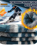 Toasty Heated Thermal Socks For Men And Women, Thick Insulated Winter Socks stacked next to skier, blue stripes, 3 pair pack