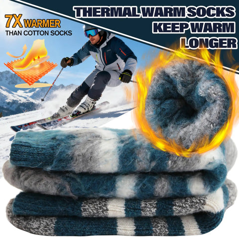 Toasty Heated Thermal Socks For Men And Women, Thick Insulated Winter Socks stacked next to skier, blue stripes, 3 pair pack
