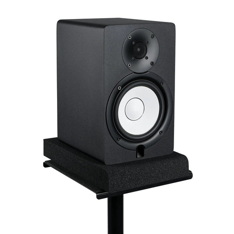 Studio Monitor Isolation Pads For 5 Inch Monitors, 2 Pack, securing black speaker on stand, high density acoustic foam reducing vibration.
