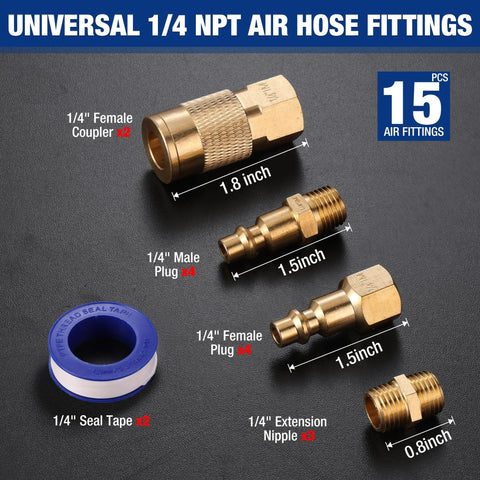Pro Grade 16 Piece One Quarter Inch NPT Air Hose Fitting Kit With Storage Case Includes Quick Connect Brass Couplers And Plugs