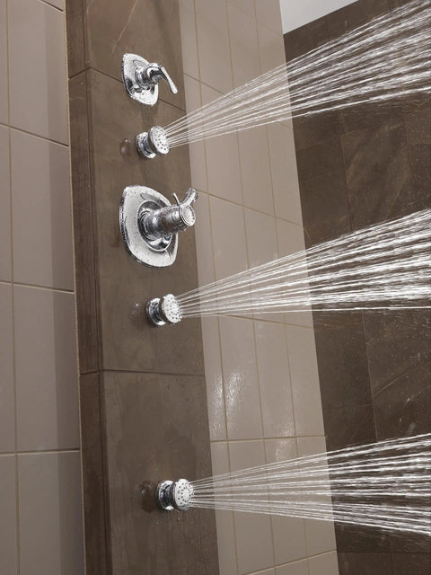 Chrome Shower Body Spray With Adjustable 30 Degree Spray in modern bathroom with surface mount option and 1/2 inch fitting