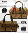 Wide Mouth 14 Inch Tool Bag Gear Bag For Plumbers Electricians And DIY Handymen With Heavy Duty 900D Polyester Build, tan with tools visible.