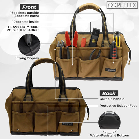 Wide Mouth 14 Inch Tool Bag Gear Bag For Plumbers Electricians And DIY Handymen With Heavy Duty 900D Polyester Build, tan with tools visible.