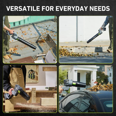 Collage of Cordless Leaf Blower With Swivel Head 550 CFM 150 MPH in use on patio, driveway, workshop, and car cleaning.