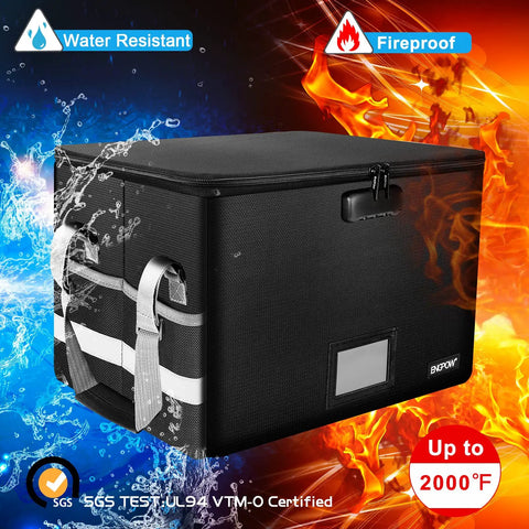 Fireproof File Box With Lock And Zipper Pockets, Collapsible Filing Organizer Storage Cabinet, Water Resistant Black
