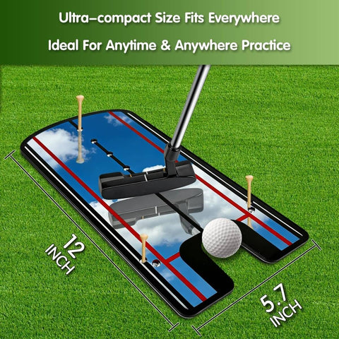 Putting Mirror Alignment Training Aid For Golf on grass showing size 12x5.7 inches with putter and golf ball for accuracy practice