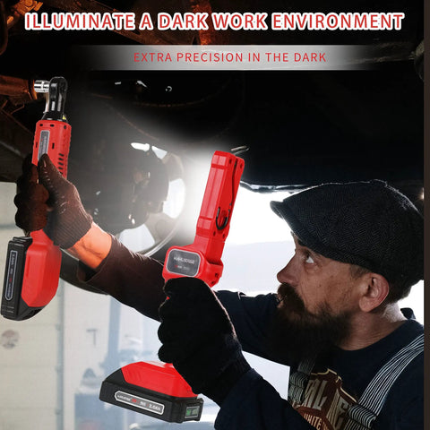 Man using Cordless Three Eighth Inch Ratchet Wrench Workhorse for tough jobs with LED light in dark workspace