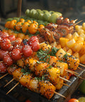 12 Inch Bamboo Skewers For Grillin And Barbecue 100 Count Wooden Kabob Sticks with assorted grilled vegetables and meat