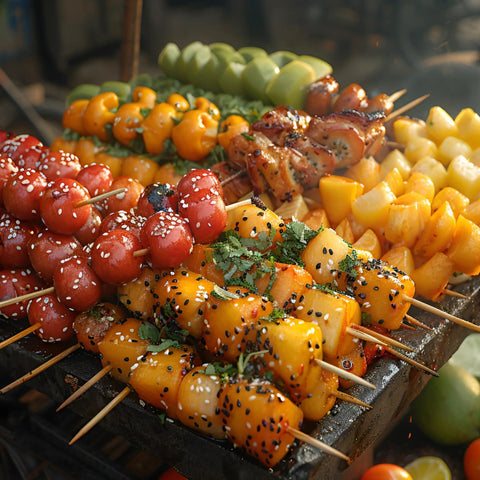 12 Inch Bamboo Skewers For Grillin And Barbecue 100 Count Wooden Kabob Sticks with assorted grilled vegetables and meat