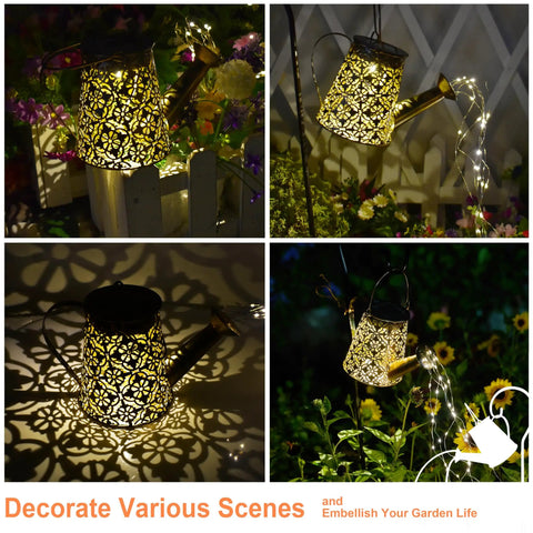 Watering Can Solar Lights With Cascading Glow For Outdoor Vibe Hanging Lantern illuminating garden at night