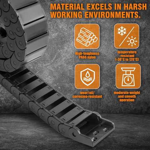 Drag Chain Cable Carrier 1M For 3D Printers And Industrial CNC Rigs, black PA66 nylon, text highlights high toughness and resistance features