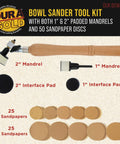 Dura-Gold bowl sander kit with hardwood handle, 2" and 1" padded mandrels, and 50 sanding discs
