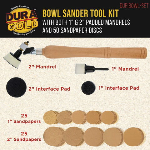 Dura-Gold bowl sander kit with hardwood handle, 2" and 1" padded mandrels, and 50 sanding discs