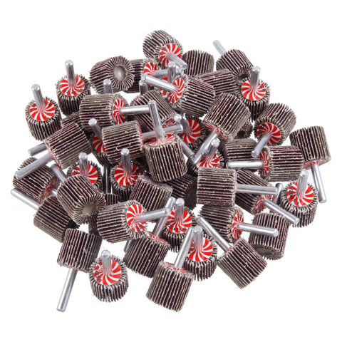 Pile of 50 Pack Mounted Flap Wheels 1 Inch Diameter By 1 Inch Wide With 1/4 Inch Shank 80 Grit Aluminum Oxide For Rust Removal And Weld Burr Cleanup Fits All Drills